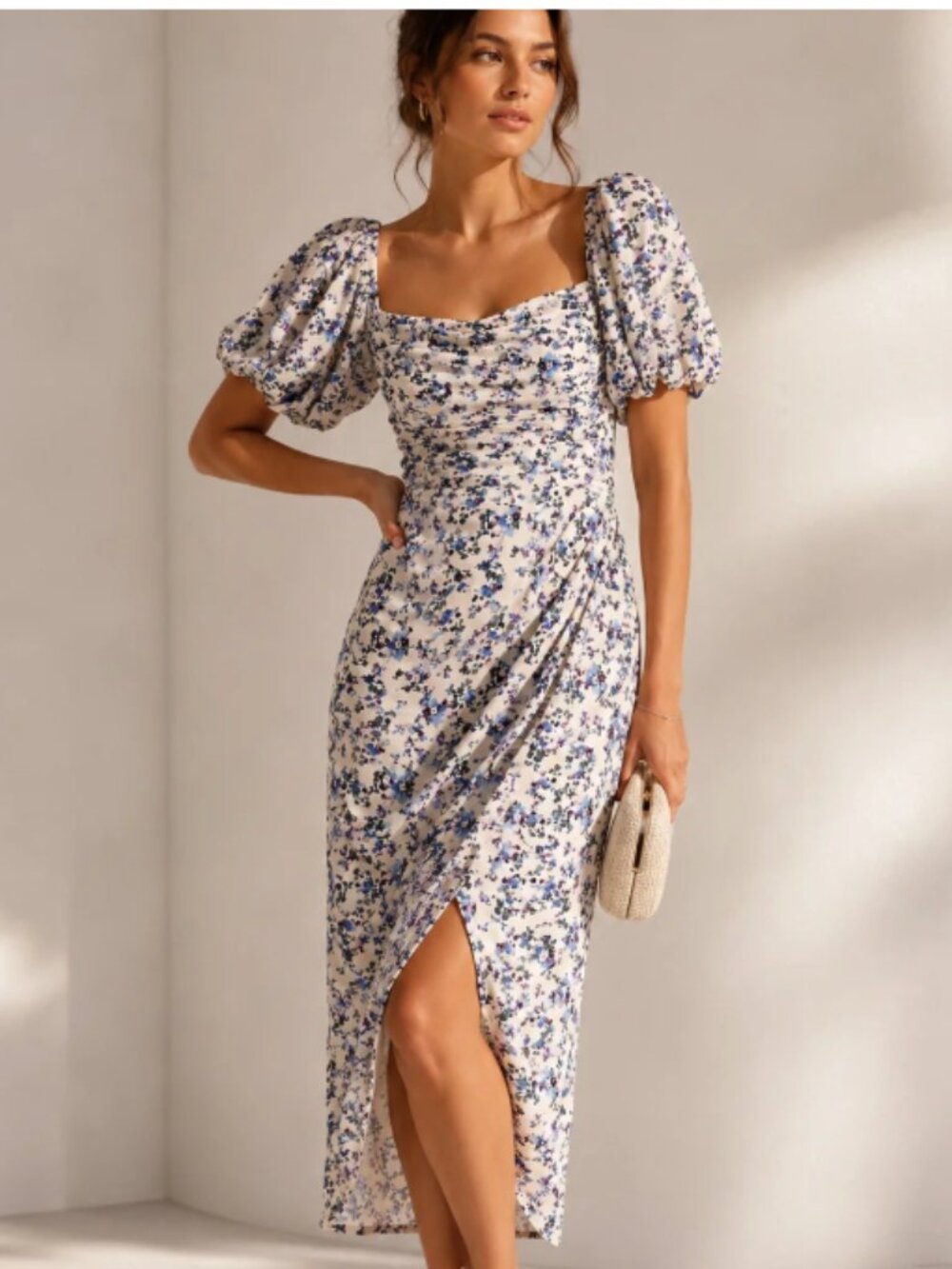 Astr The Label Square Neck Puff Sleeve Midi Dress Smocked Cream Ditsy Floral